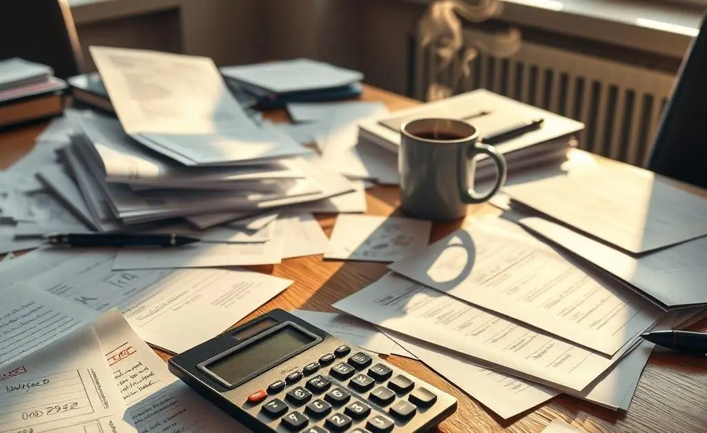 A desk with documents, a calculator, and a coffee cup, representing insurance claim preparation