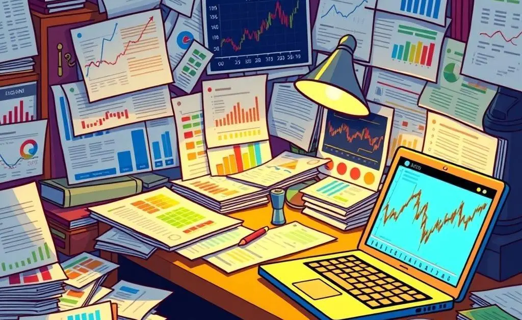 Cartoon-style desk full of financial reports and a laptop showing stock prices