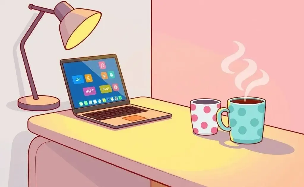 Modern cartoon-style desk with a laptop and coffee cup, symbolizing productivity.