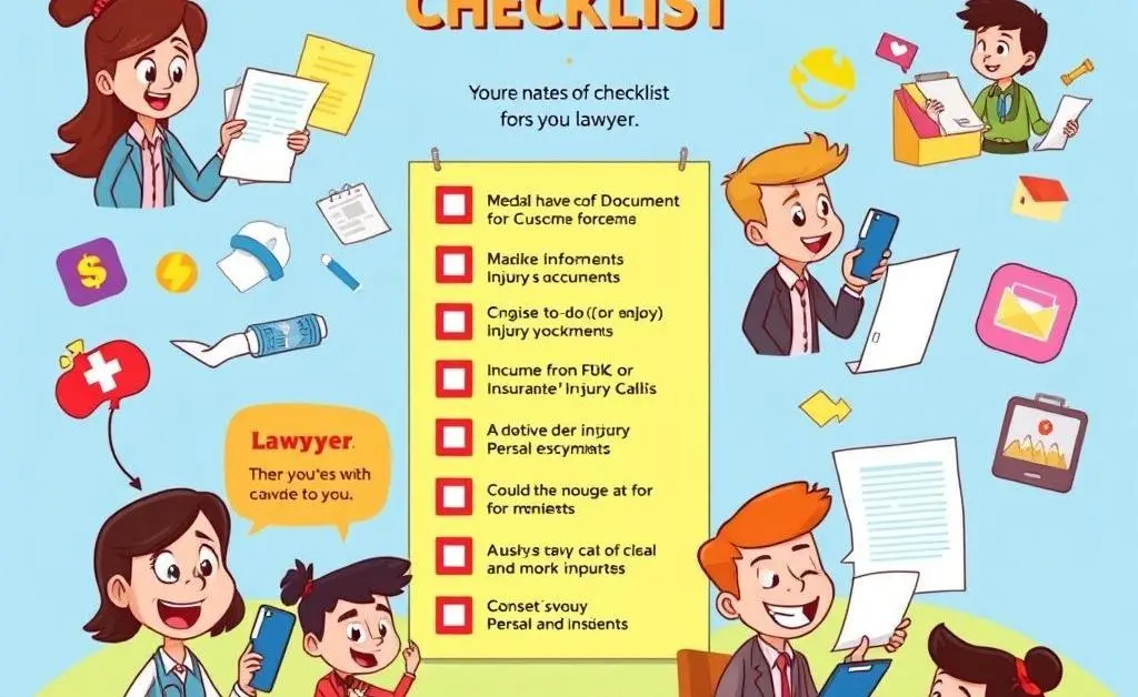 A detailed, cartoon-style checklist of things to do when facing a personal injury claim.