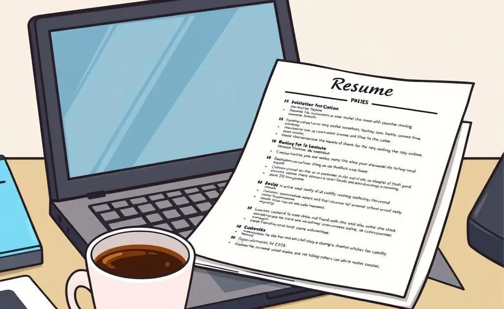 A desk with an open laptop and a resume covered in bullet points.
