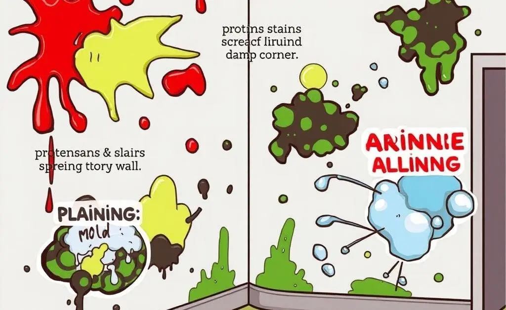 Cartoon diagram showing signs of water damage