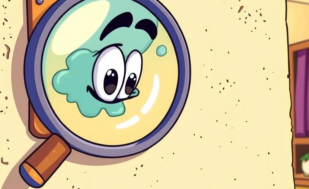 An image showing a cartoon-style magnifying glass inspecting a wall with a water stain.