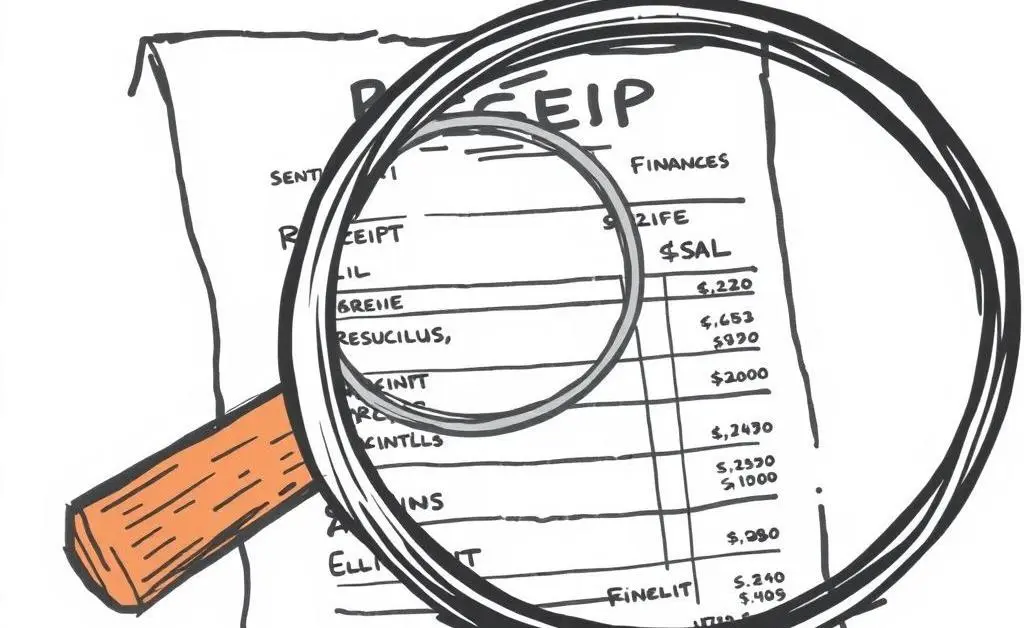A detective examining a receipt with a magnifying glass.