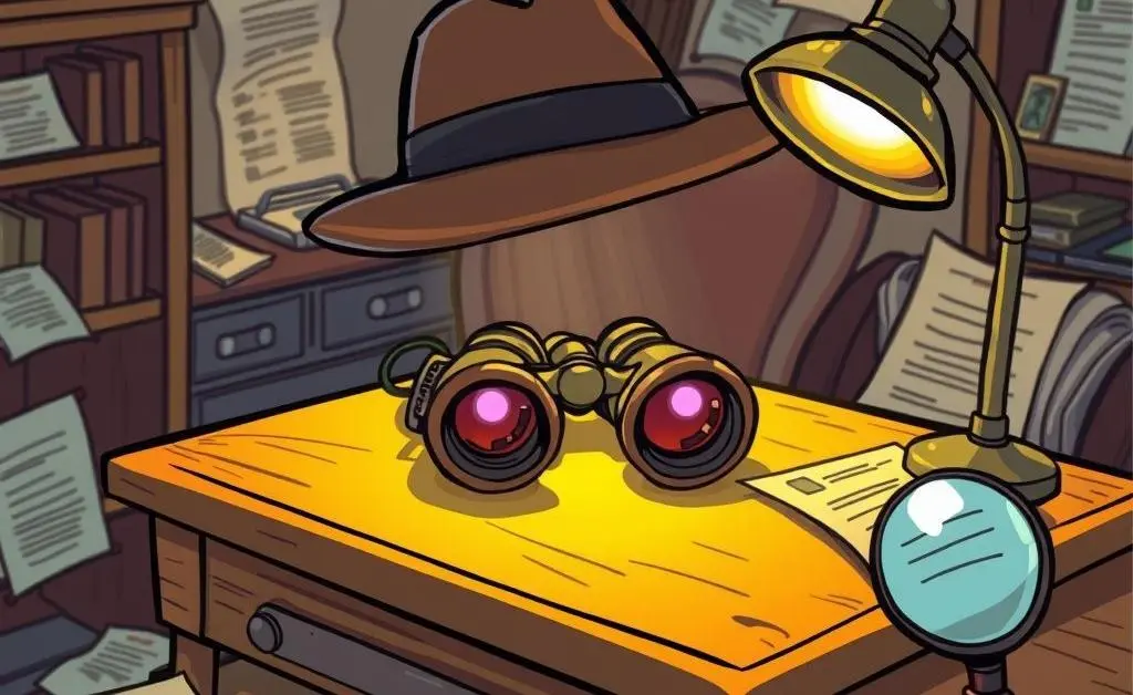A cartoon-style detective hat and binoculars on a desk