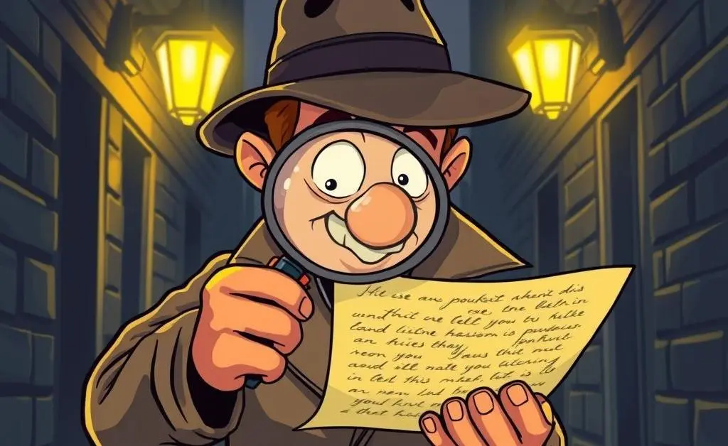 Cartoon detective with a magnifying glass examining a note.