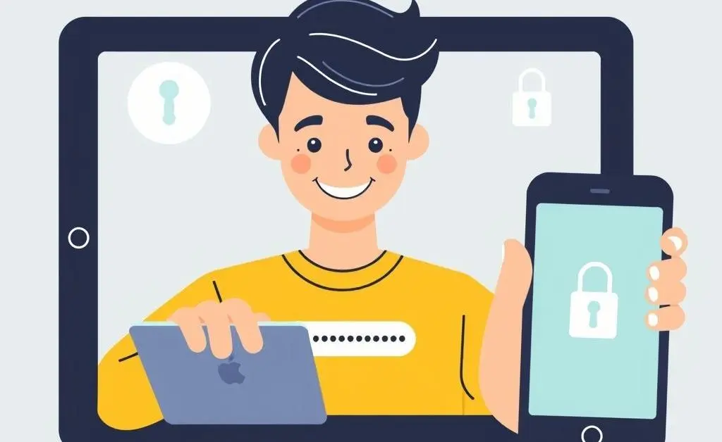 Illustration of a smiling person using a password manager