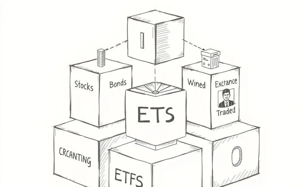 Different investment options like stocks, bonds, and ETFs presented as building blocks.