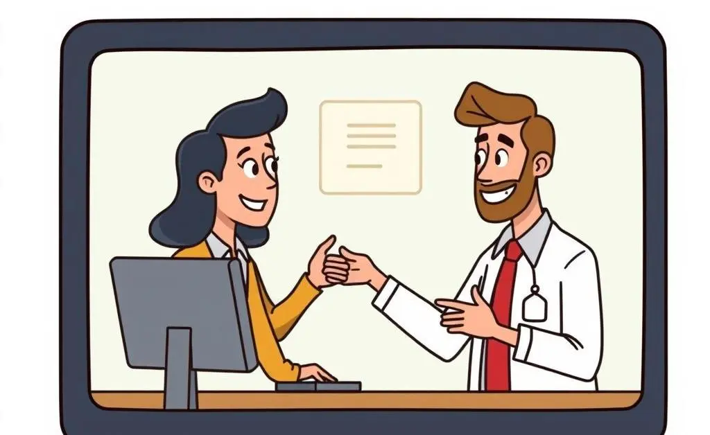 Cartoon of a digital insurance agent interacting with a customer on a computer screen.