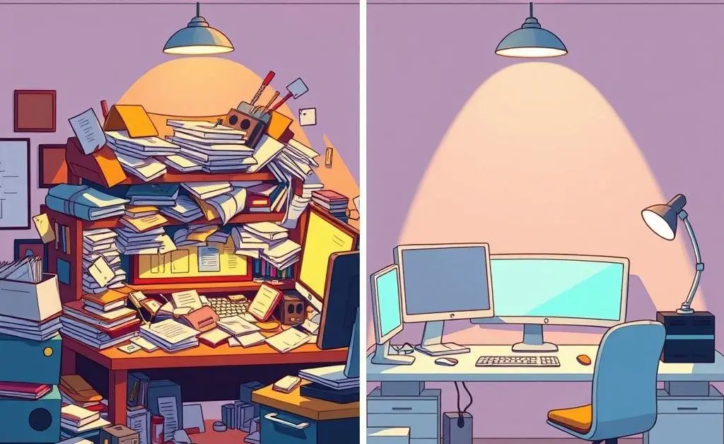 A split scene showing a messy digital workspace and a clean, organized one