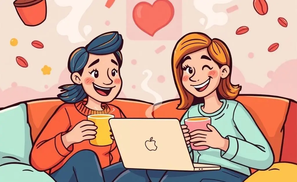 A cartoon depiction of two friends having a digital coffee chat, their devices connected over a friendly conversation.