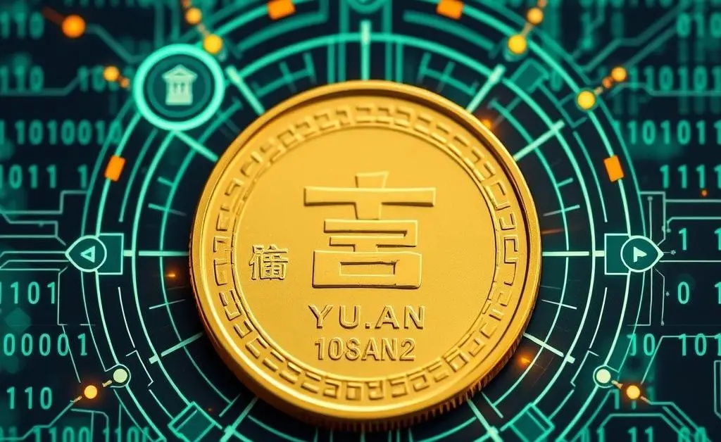 Digital yuan coin with tech symbols