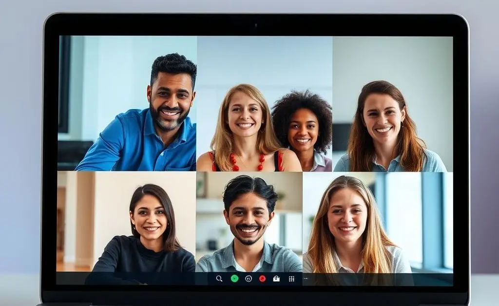 People participating in a video conference call on a laptop screen