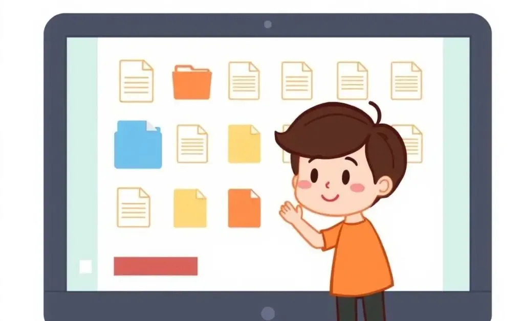 Cartoon character organizing digital files