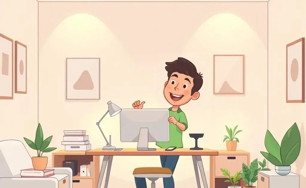 Cartoon of a person joyfully organizing a small, clutter-free workspace.