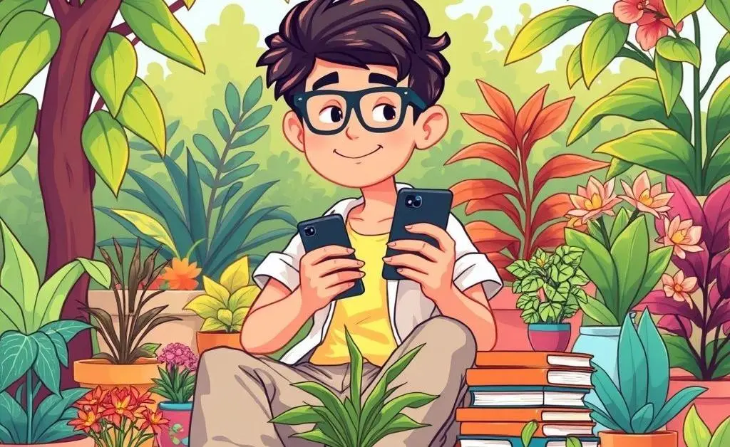 Person on a digital detox break surrounded by plants and books