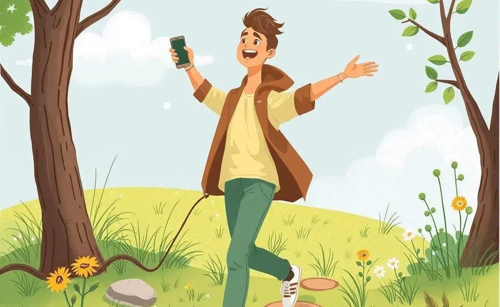 Person stepping outside with nature, leaving a phone behind.