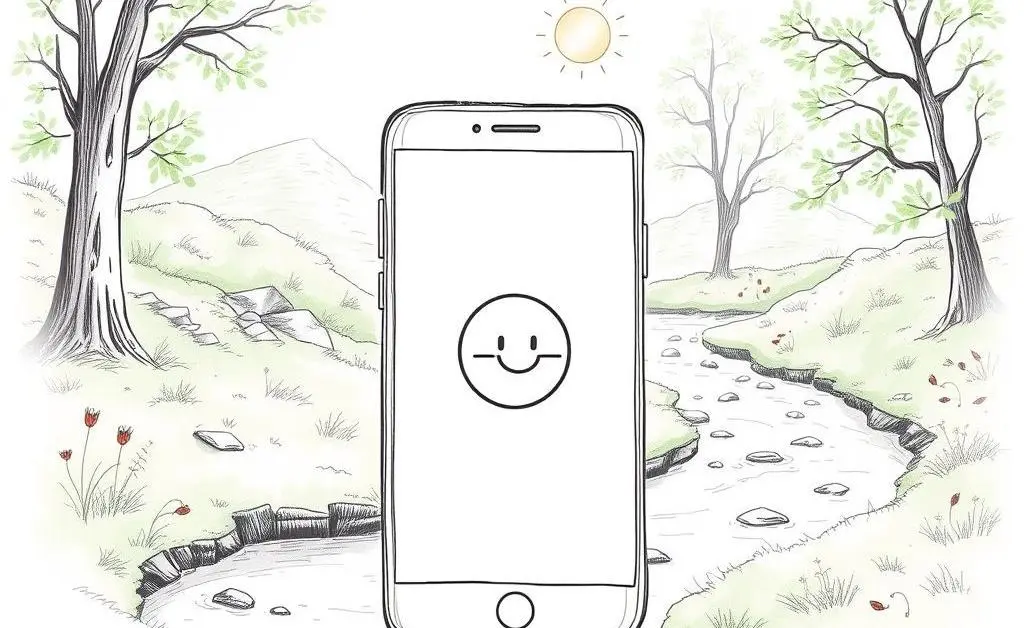 A hand-drawn image of a phone being turned off with a serene nature background.