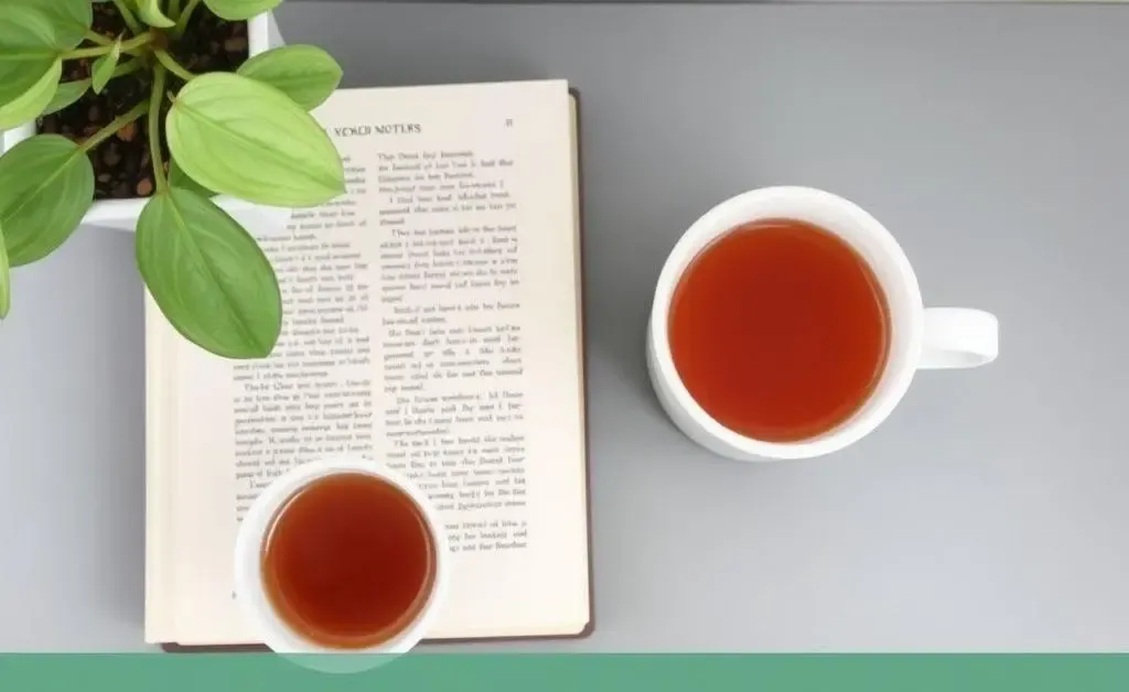 A desk with a book, a plant and a cup of tea