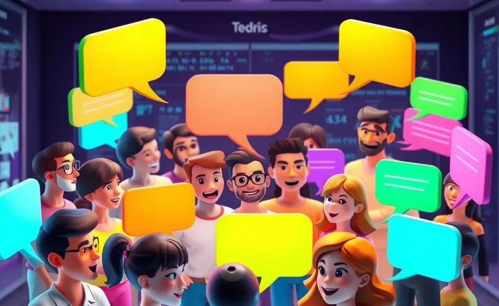A variety of digital avatars communicating through speech bubbles.