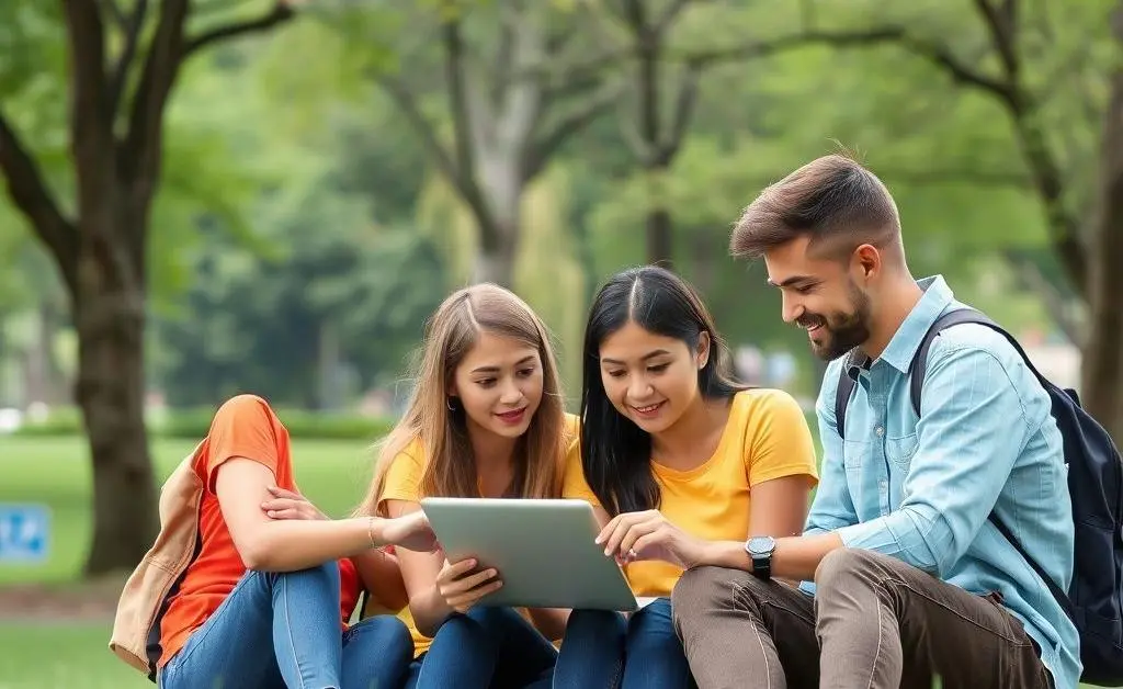Group of friends at a park, looking at a tablet together