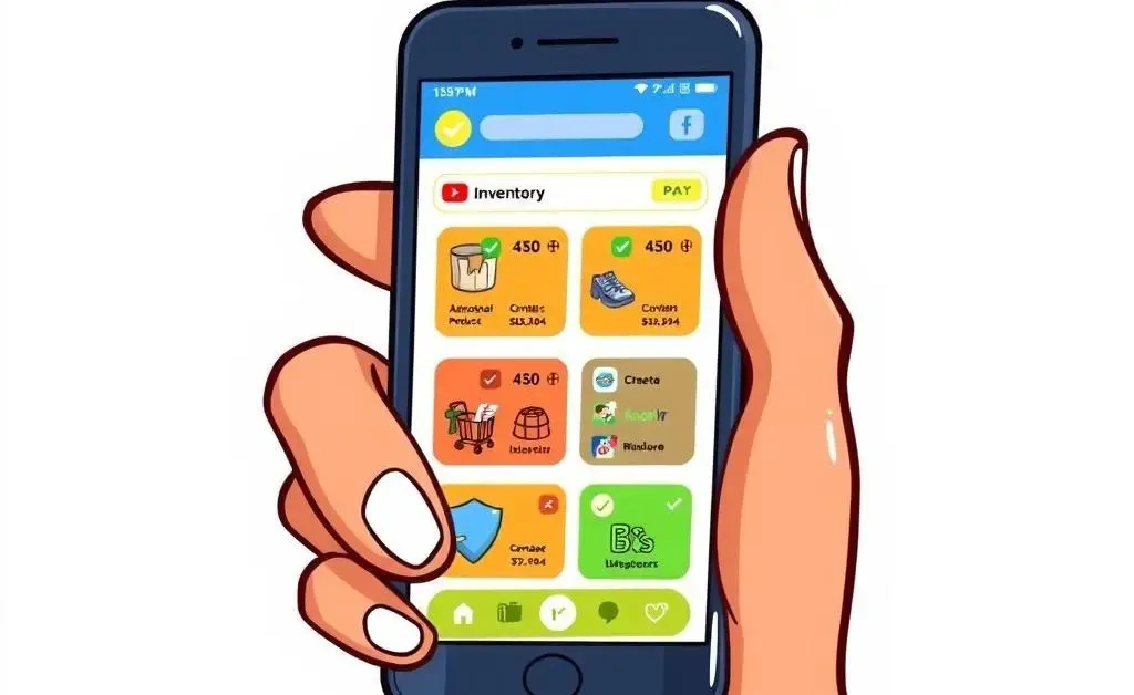 Cartoon-style hand holding a smartphone showing a digital inventory app interface.