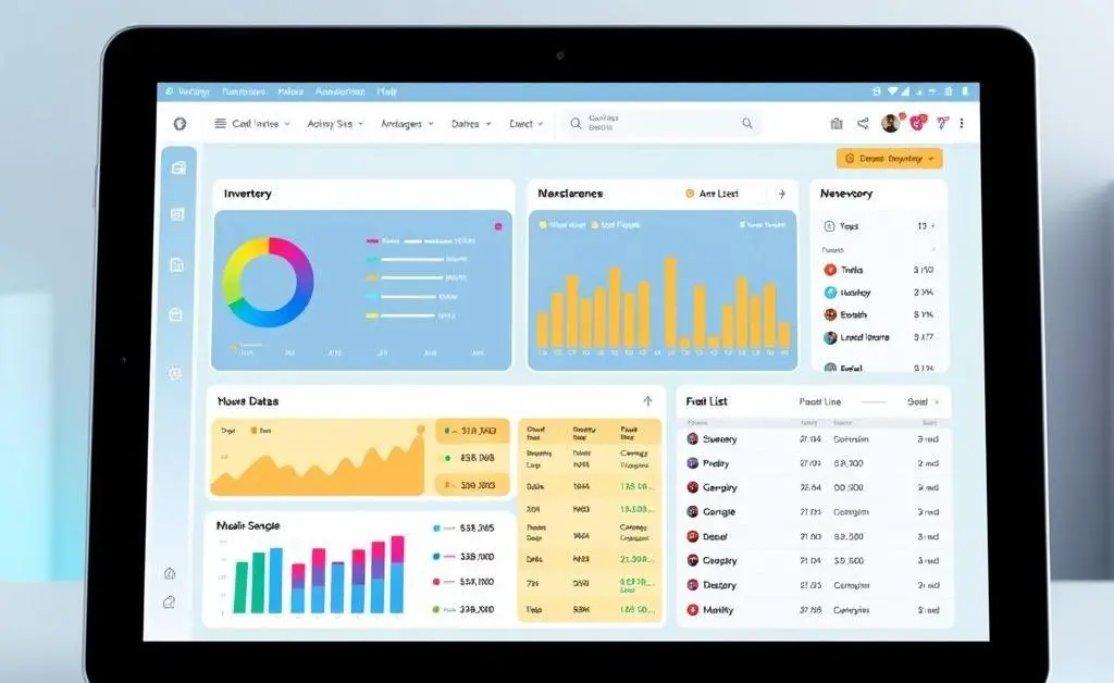 Illustration of a digital inventory management system displayed on a tablet.