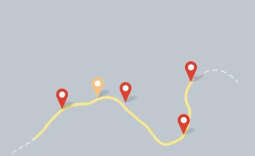 A minimalist map visual showing a path marked with digital milestones and checkpoints, with small icons.