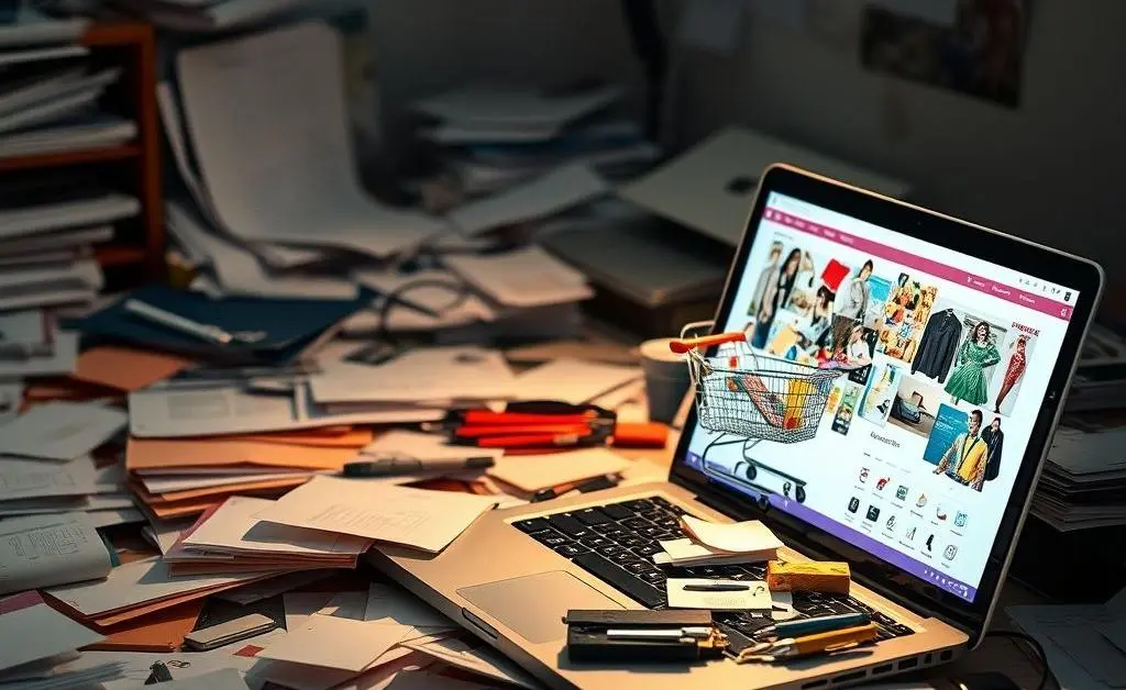 Messy desk with cluttered offers on a laptop