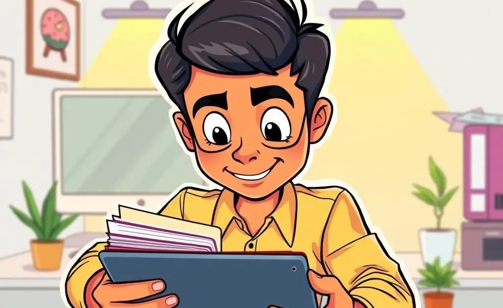 A cartoon-style image depicting a person filing documents on a digital device.