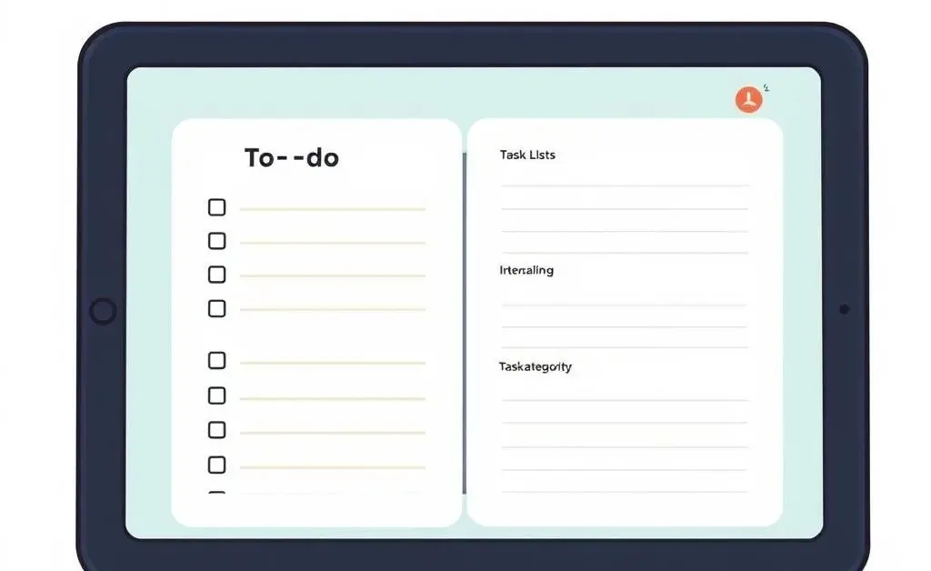 Minimalist cartoon-style image of a digital organizer open on a tablet with task lists