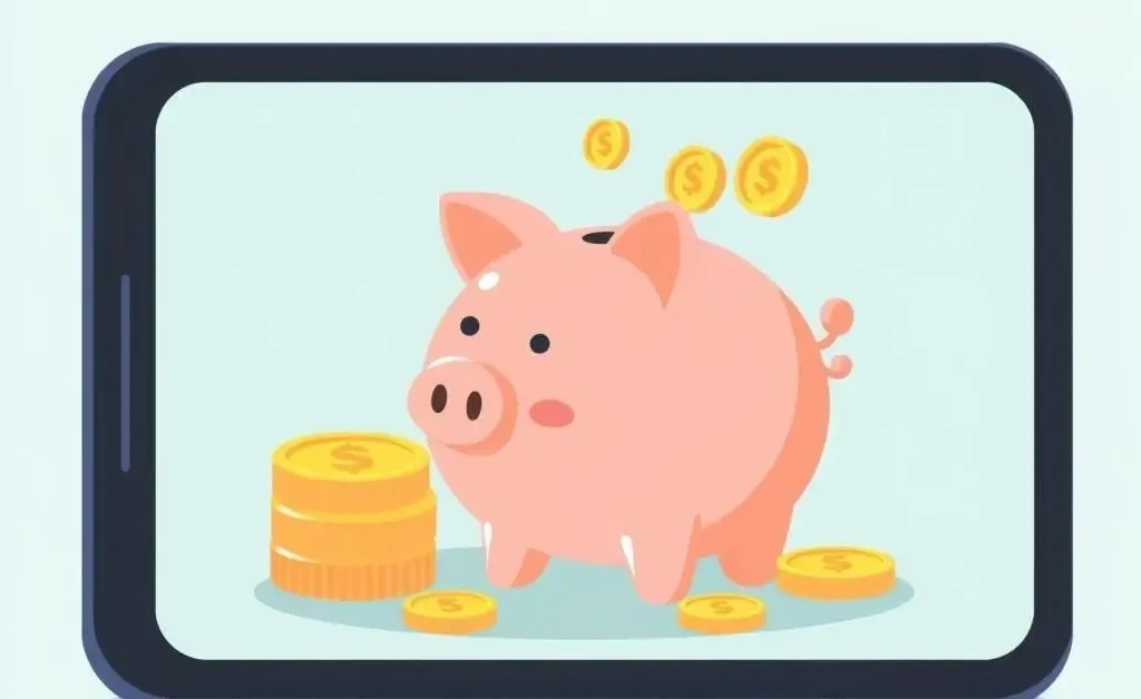 An illustration of a digital piggy bank on a phone screen with coins dropping into it.