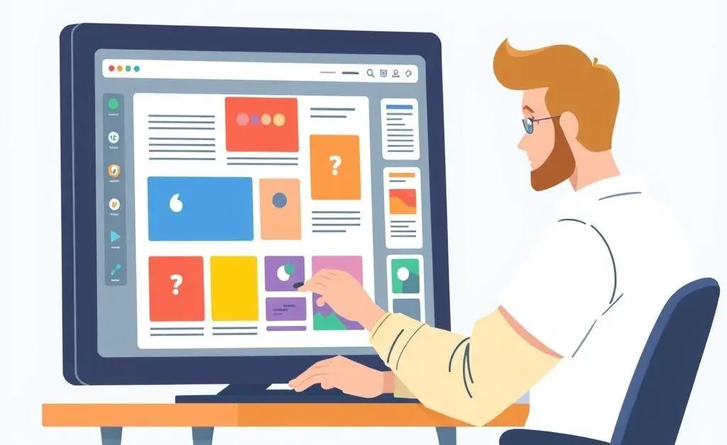 Illustration of a person at a computer designing a digital portfolio.