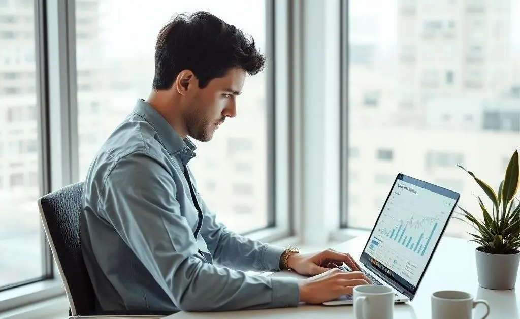 A person sitting at a desk, using a laptop to research real estate markets.