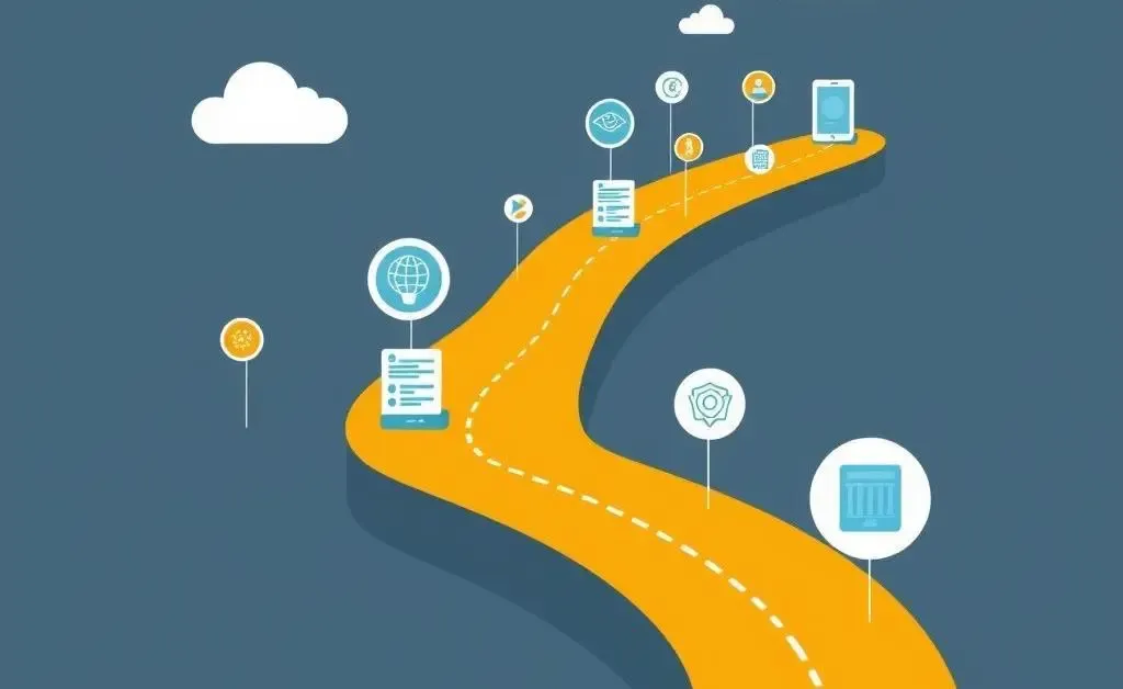 Illustration of a roadmap with technology icons