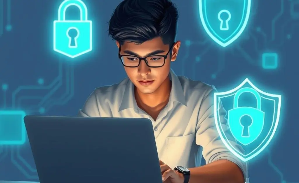 An illustration of a person using a laptop with security icons like a lock and shield.