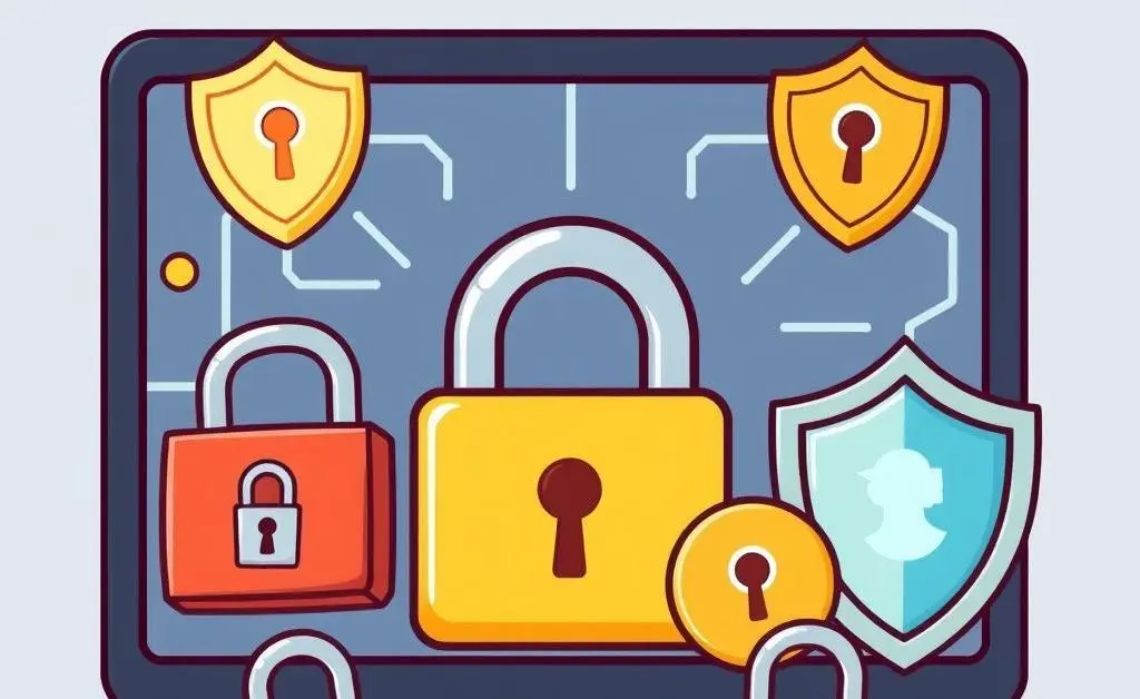 Digital security illustration with locks and security shields