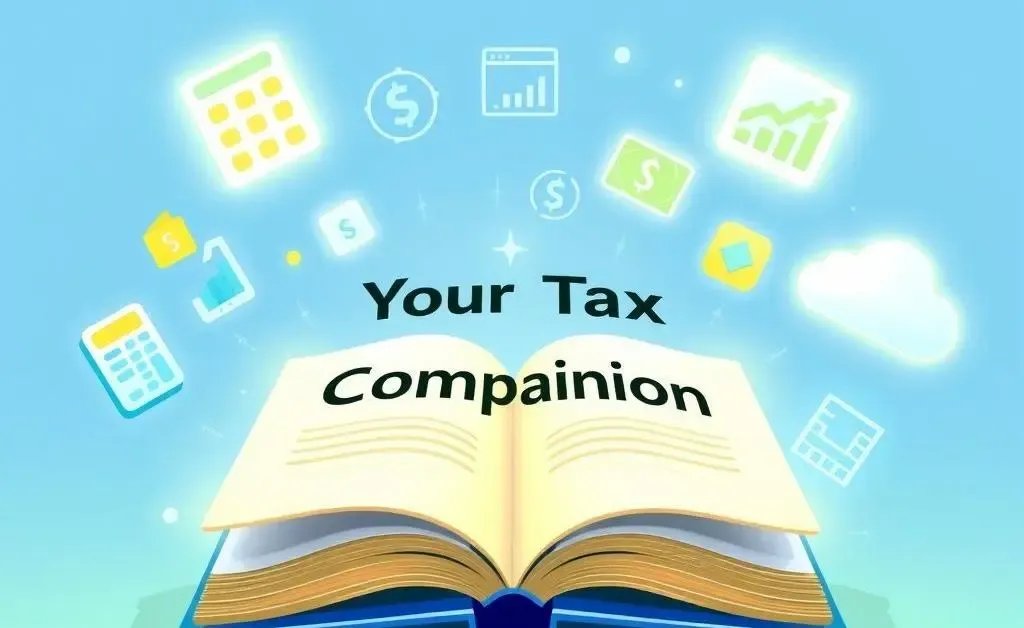 Illustration showing a guidebook titled 'Your Tax Companion' with digital icons around it.