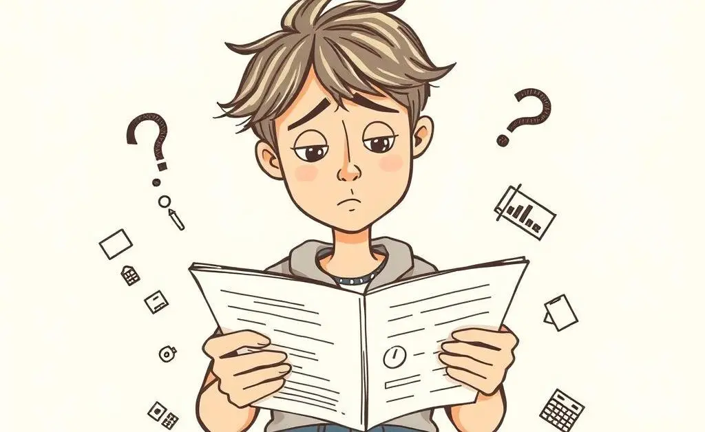A hand-drawn online user guide with a confused person looking at the instructions