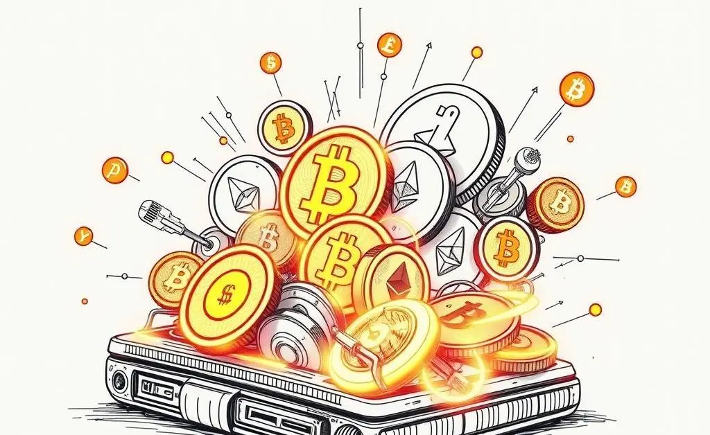 A digital wallet concept illustration overflowing with digital currencies