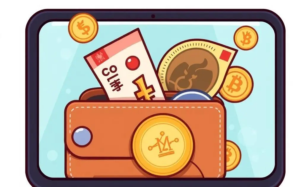 Illustration of a digital wallet with currencies