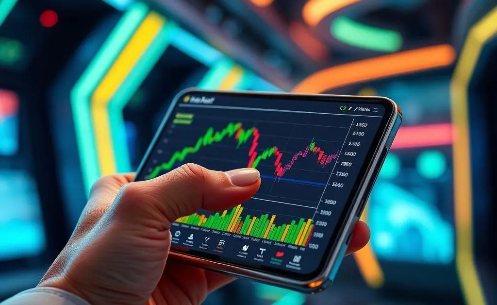 A hand holding a digital wallet displaying cryptocurrency charts on a screen.