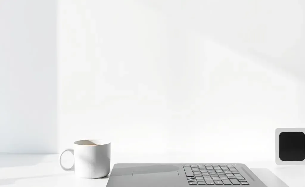 A clean desk with only a laptop and a coffee cup in a minimalist style