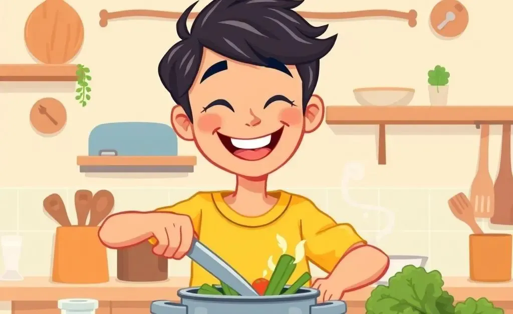 Cartoon-style image of someone cooking at home.