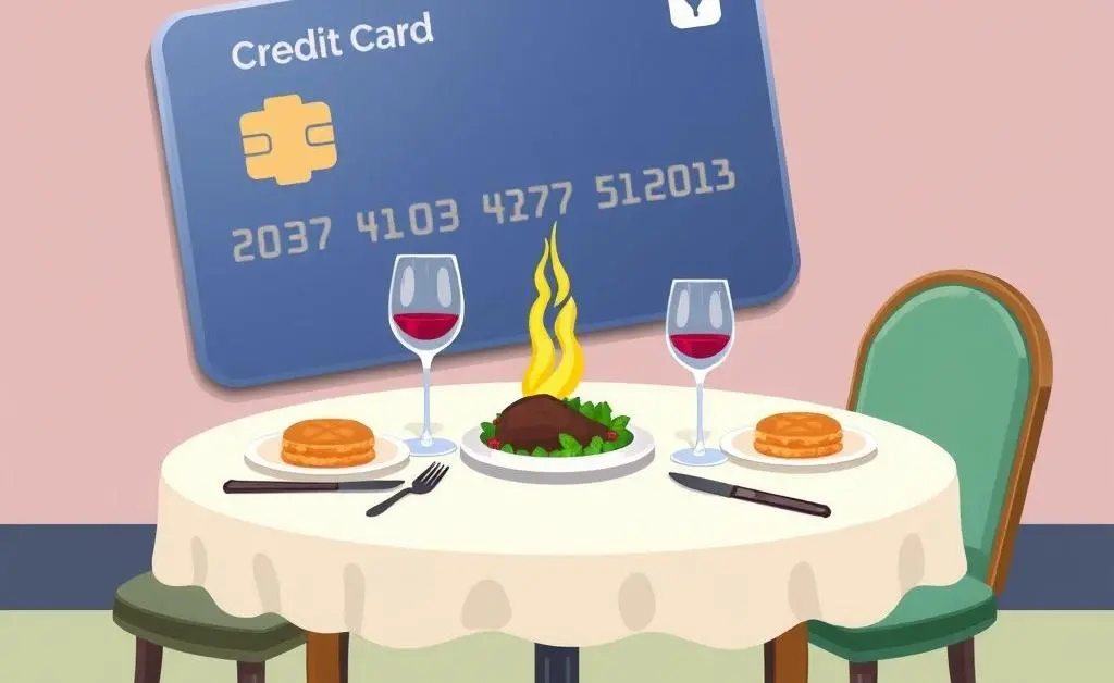 Table set with fine dining and a credit card in the background.