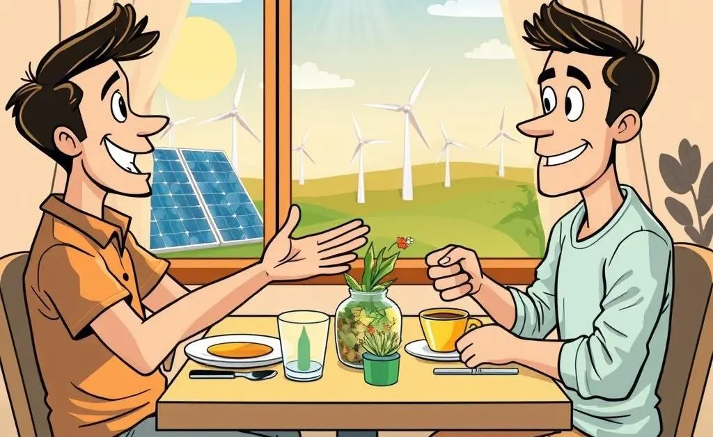 A cartoon-style drawing of two people having a dinner conversation about renewable energy.