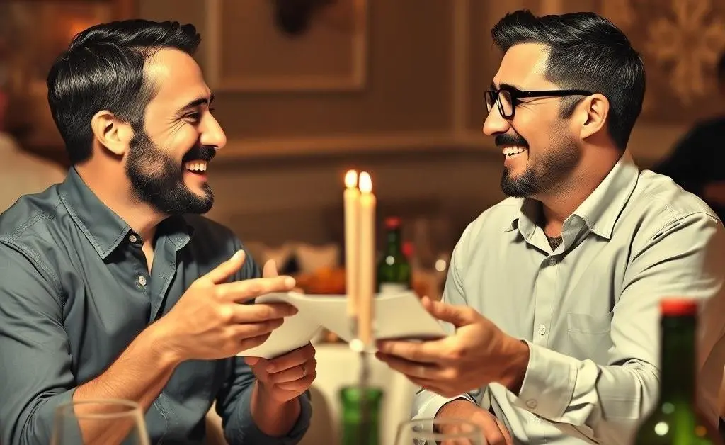 Two friends having a lighthearted conversation about stock investments at a dinner party