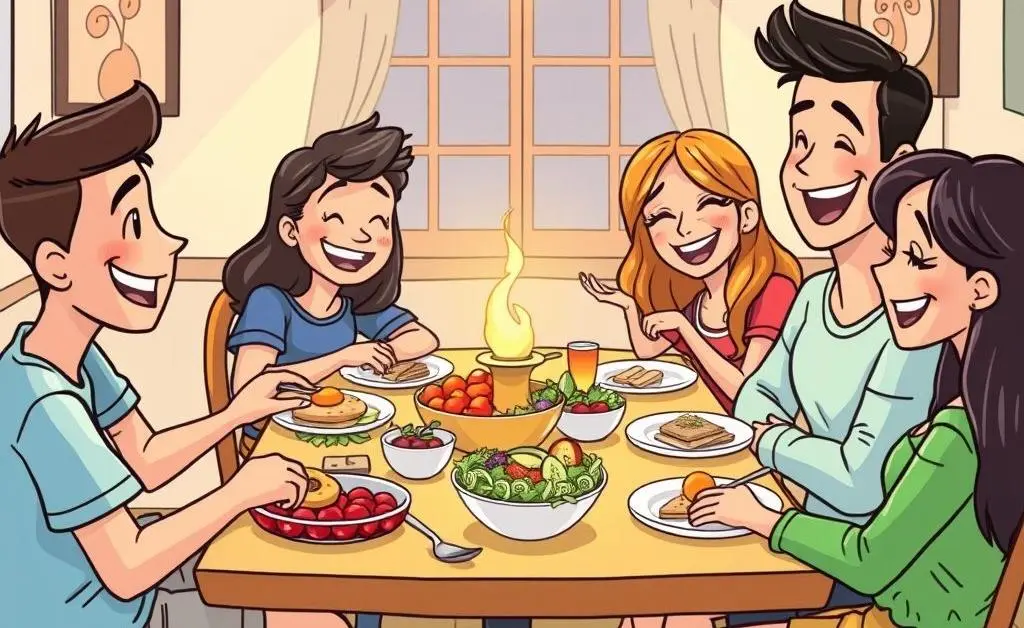 Friends at a fun dinner party with affordable foods.