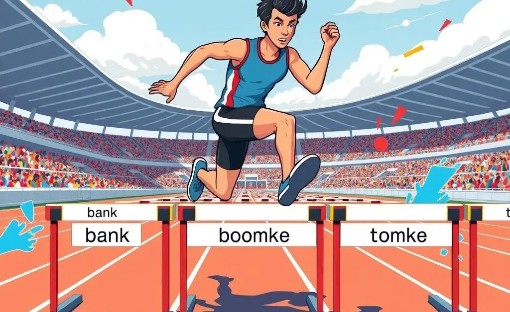Illustration of a person jumping over hurdles labeled 'bank processing time'.