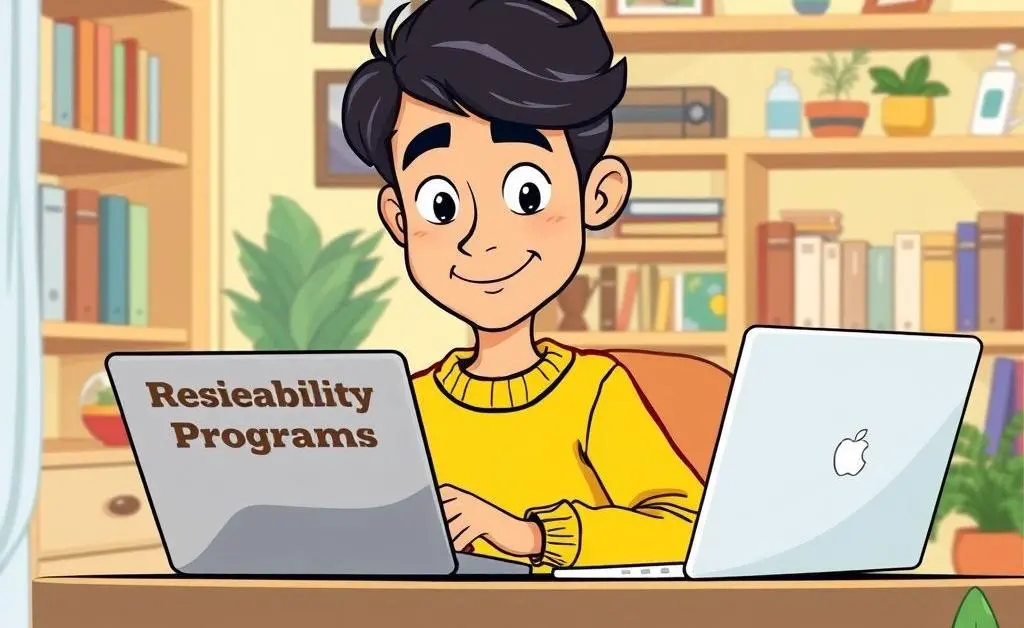 A cartoon showing a person reviewing disability benefit options on a laptop.